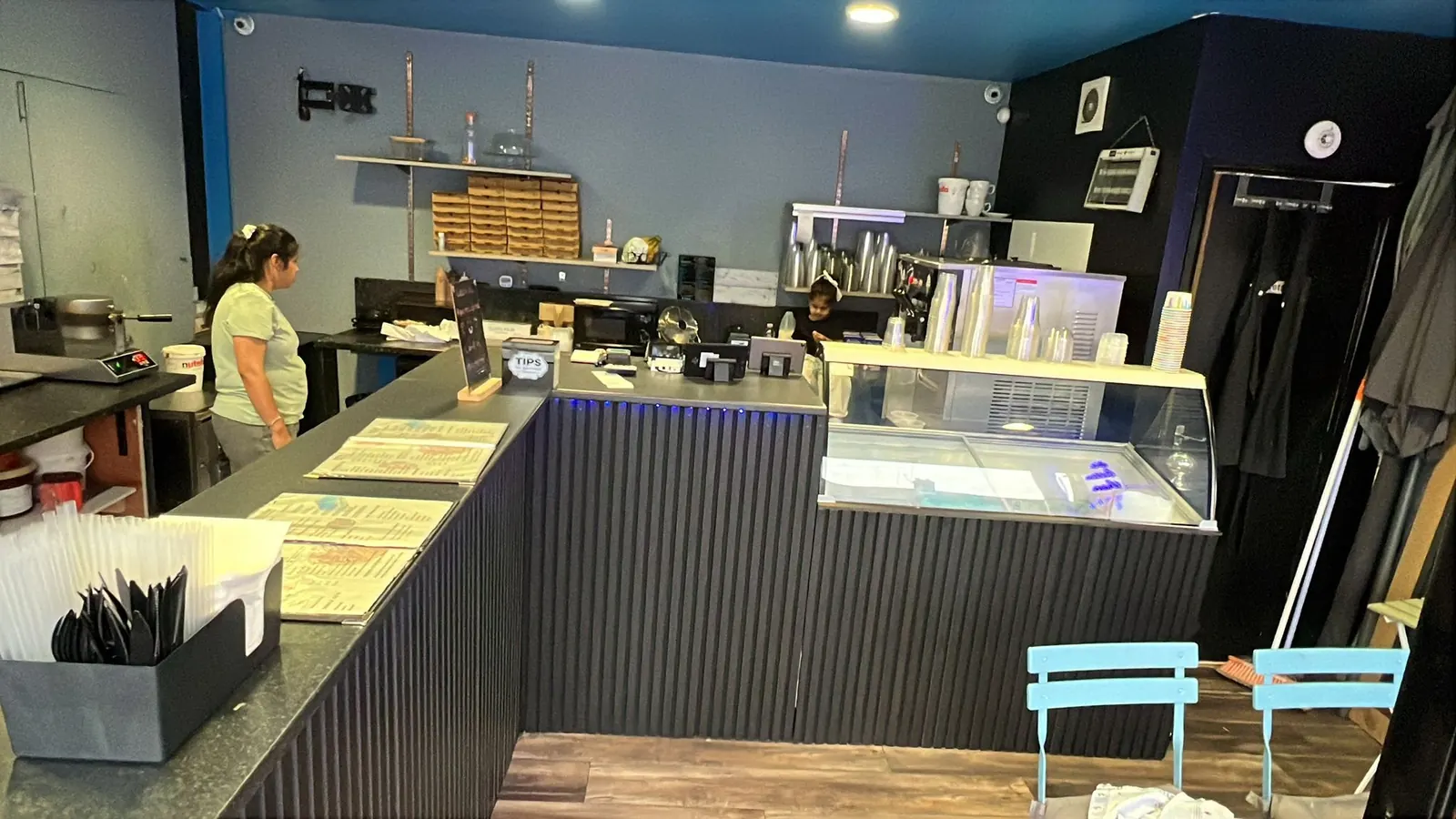 Finished tiled counter at Milkies Dessert Parlour serving customers, Brentwood